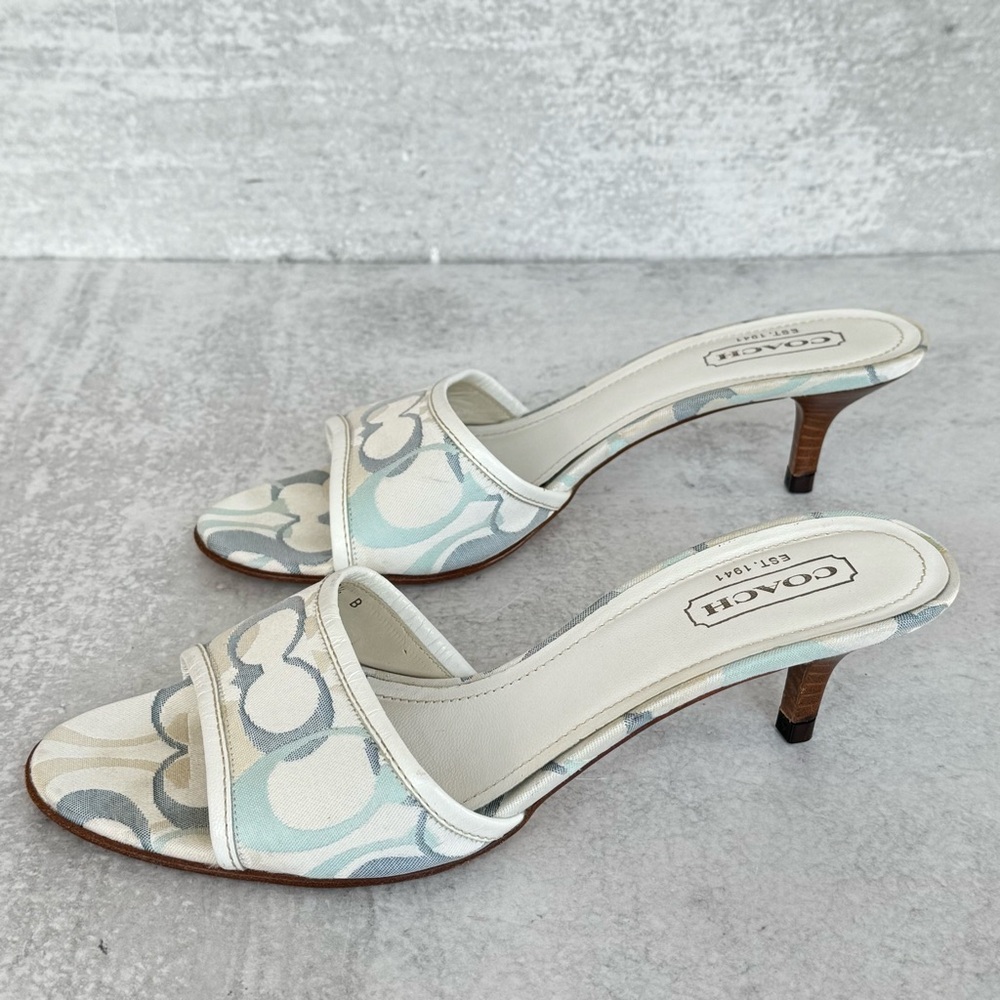 Coach White and Blue Logo Mule Sandal Kitten Heels